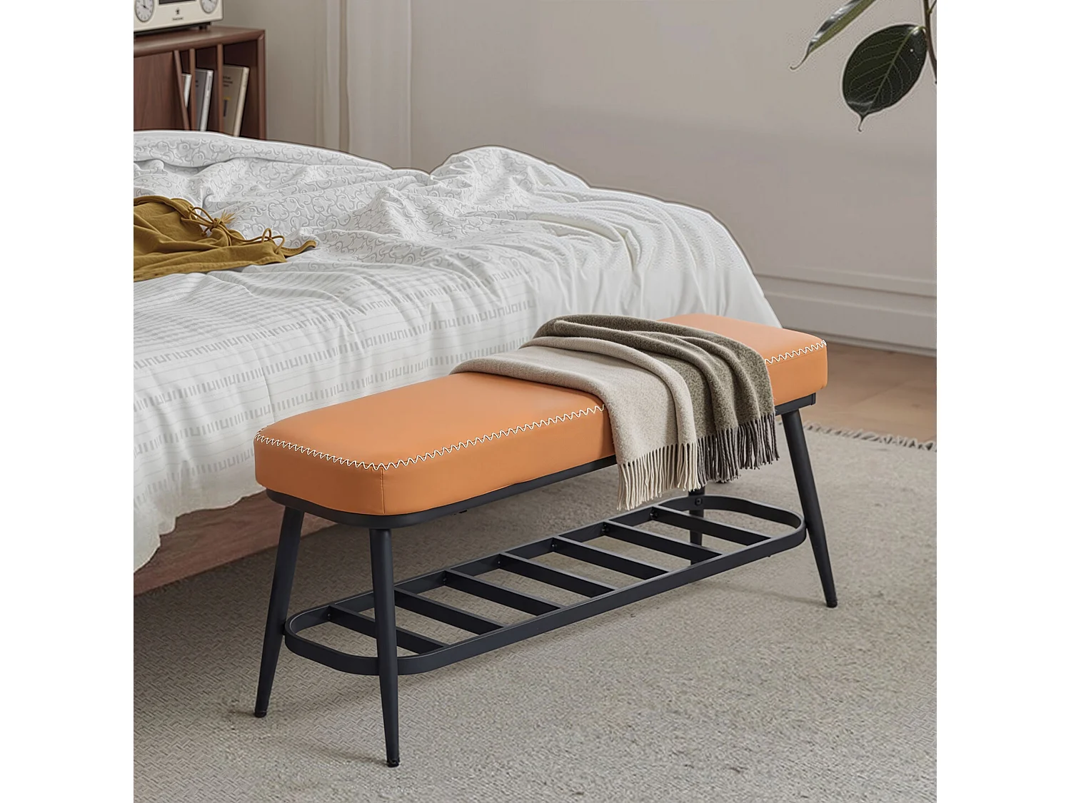 Elbani Faux Leather Orange Shoe Storage Bench with Cushioned Seat
