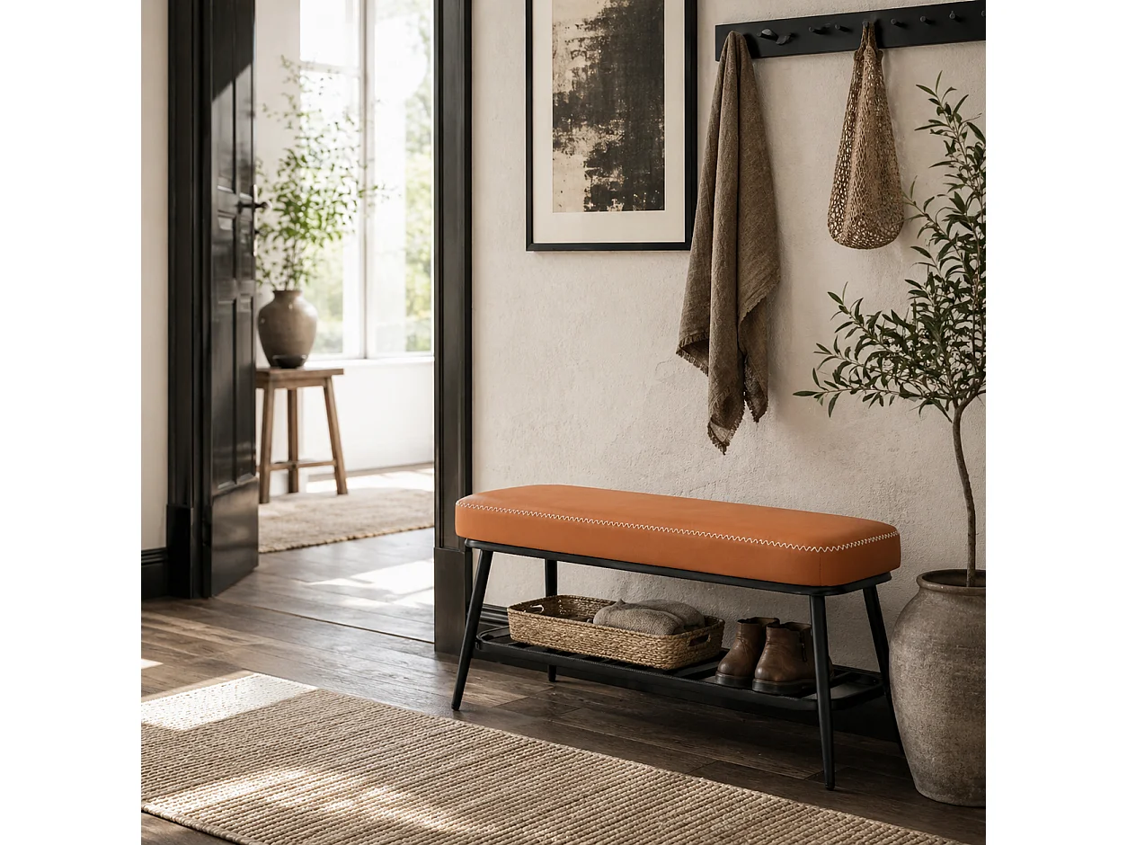 Elbani Faux Leather Orange Shoe Storage Bench with Cushioned Seat