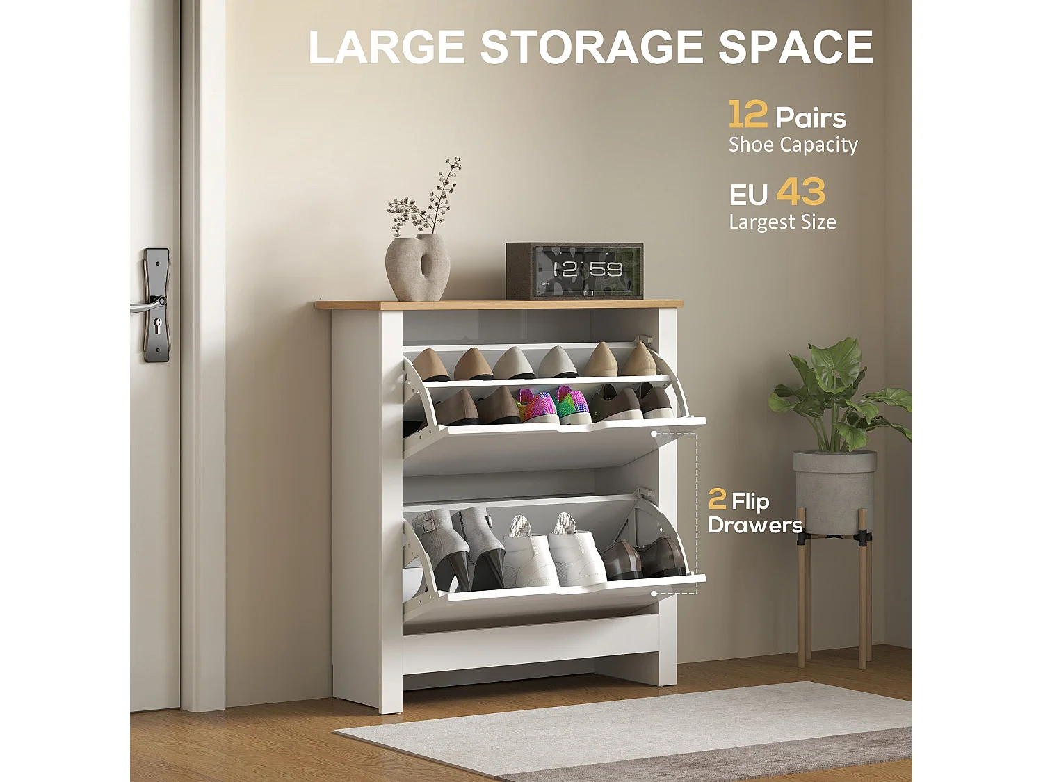 Sakeno High Gloss White Slim Shoe Cabinet with 2 Flip Drawers for 6–12 Pairs