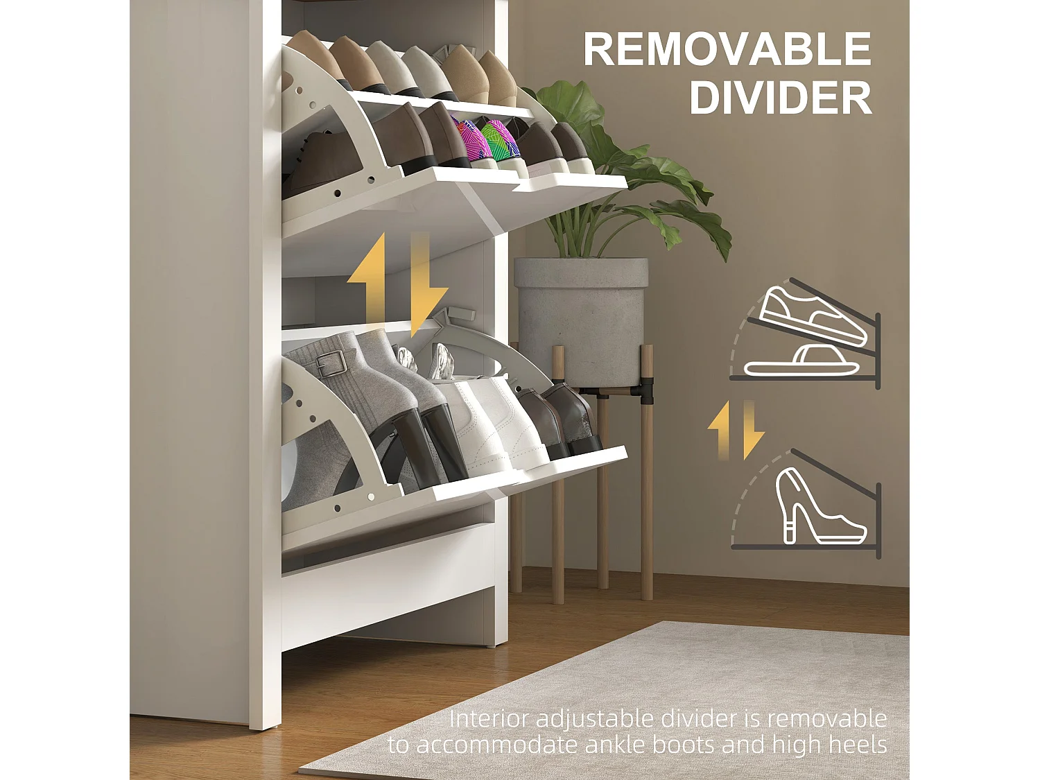 Sakeno High Gloss White Slim Shoe Cabinet with 2 Flip Drawers for 6–12 Pairs