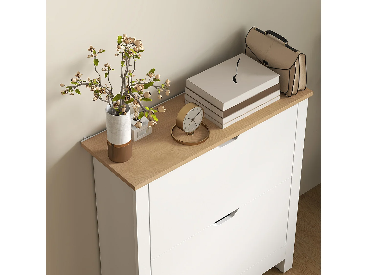 Sakeno High Gloss White Slim Shoe Cabinet with 2 Flip Drawers for 6–12 Pairs