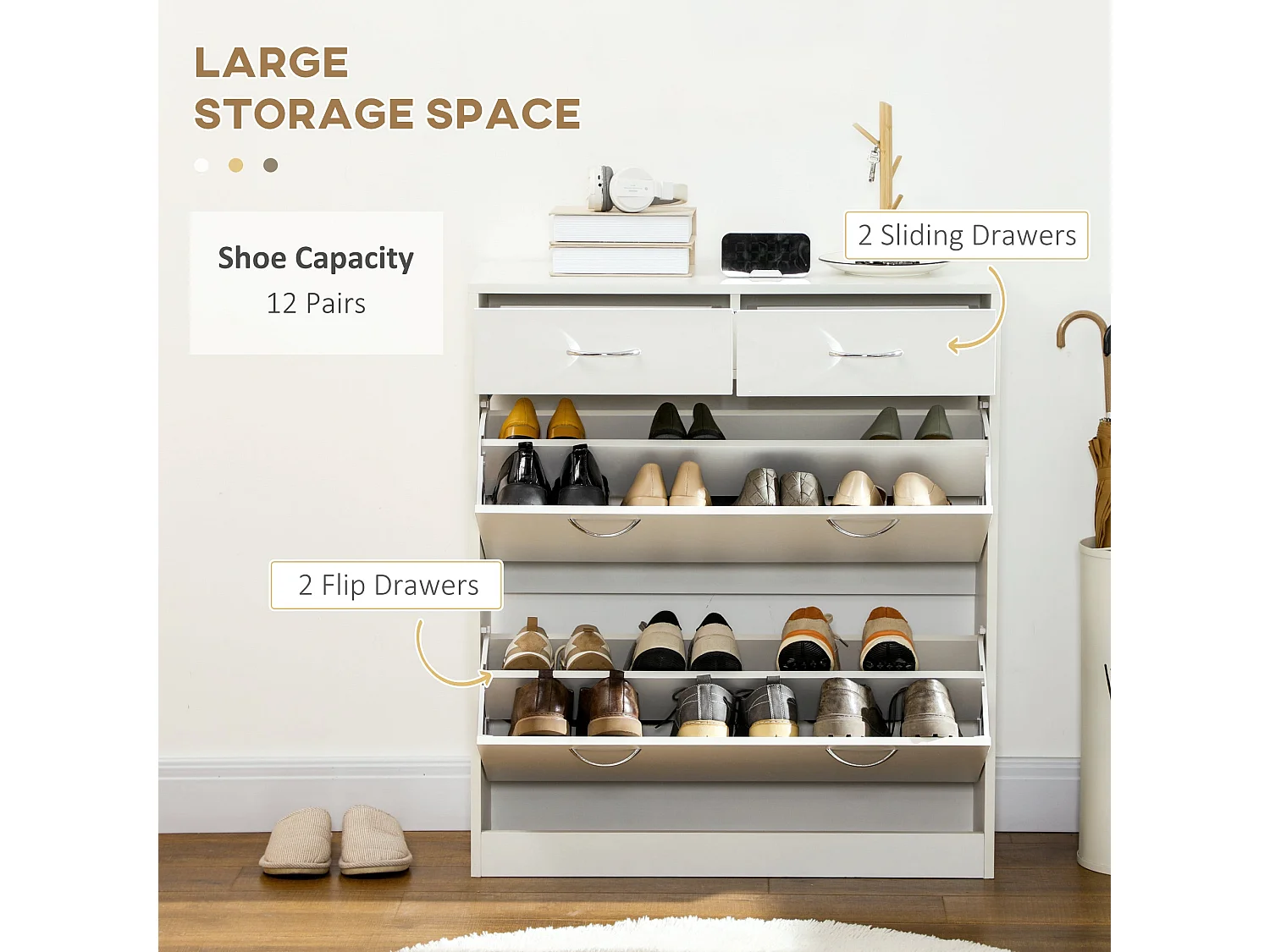 Fafina Slim White Shoe Cabinet 2 Flip Drawers 2 Top Drawers Stores 12 Pairs