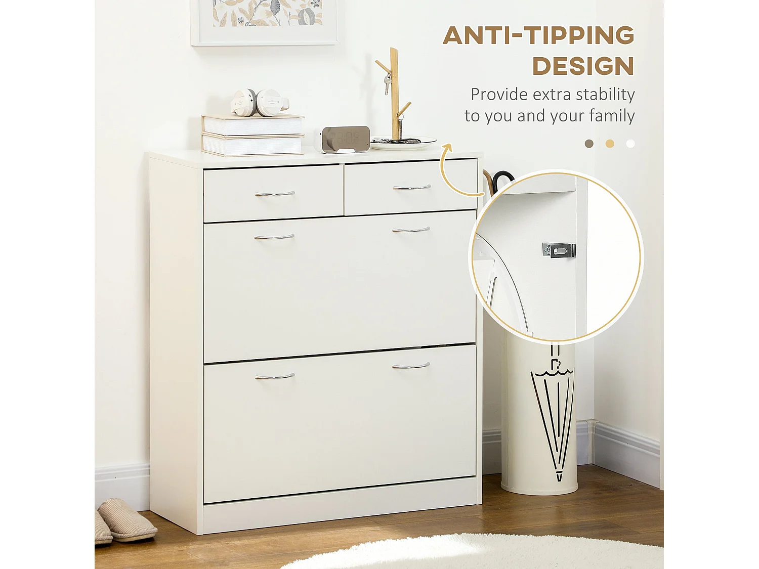 Fafina Slim White Shoe Cabinet 2 Flip Drawers 2 Top Drawers Stores 12 Pairs