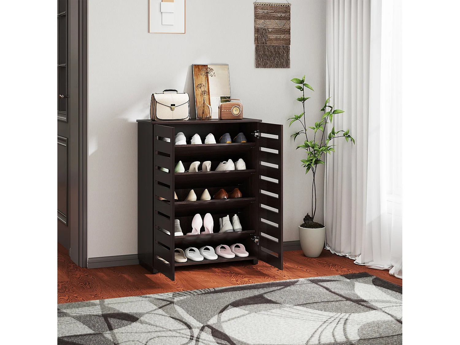 Fiseyo 15 Pair Wood Effect Shoe Cabinet Dark Brown