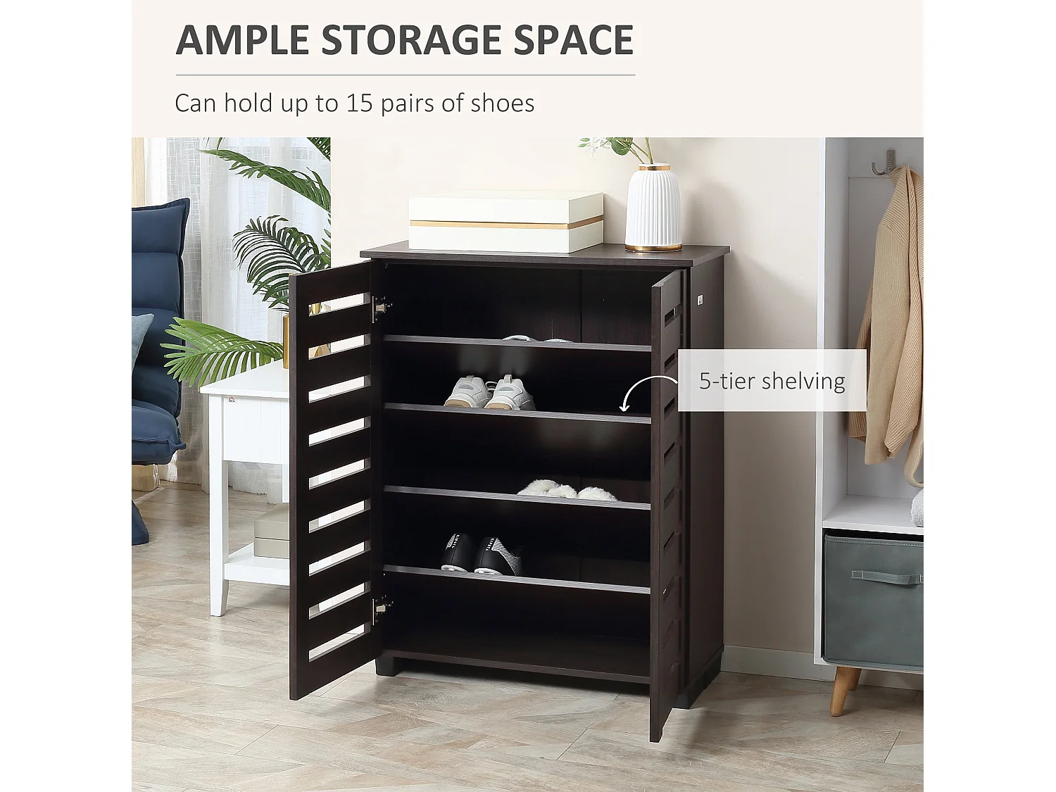 Fiseyo 15 Pair Wood Effect Shoe Cabinet Dark Brown