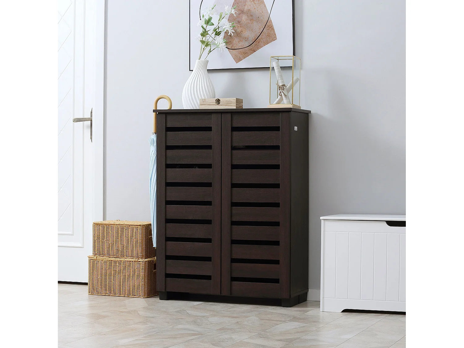 Fiseyo 15 Pair Wood Effect Shoe Cabinet Dark Brown