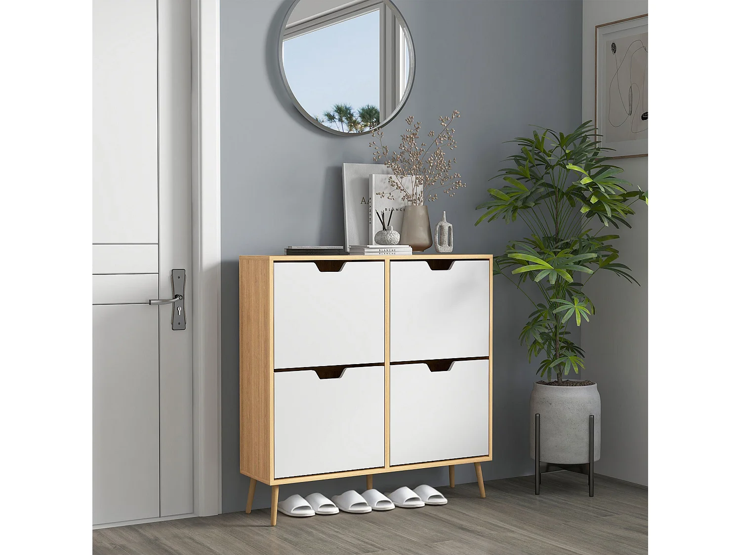 Margarita 4 Flip Drawer Shoe Cabinet Natural Wood Effect and White 95x26x95cm