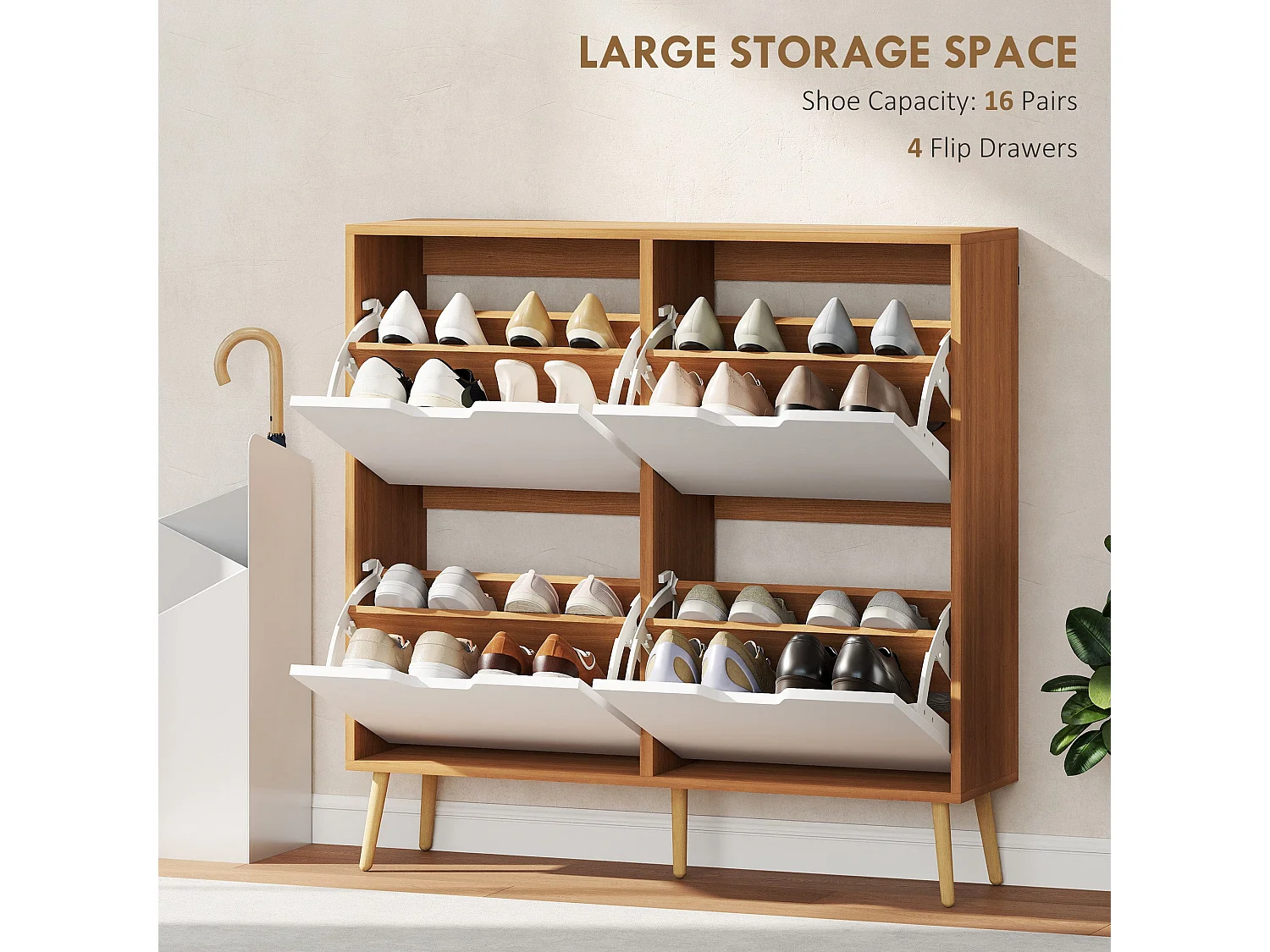Margarita 4 Flip Drawer Shoe Cabinet Natural Wood Effect and White 95x26x95cm