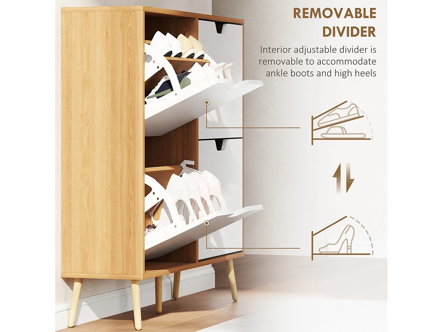 Margarita 4 Flip Drawer Shoe Cabinet Natural Wood Effect and White 95x26x95cm