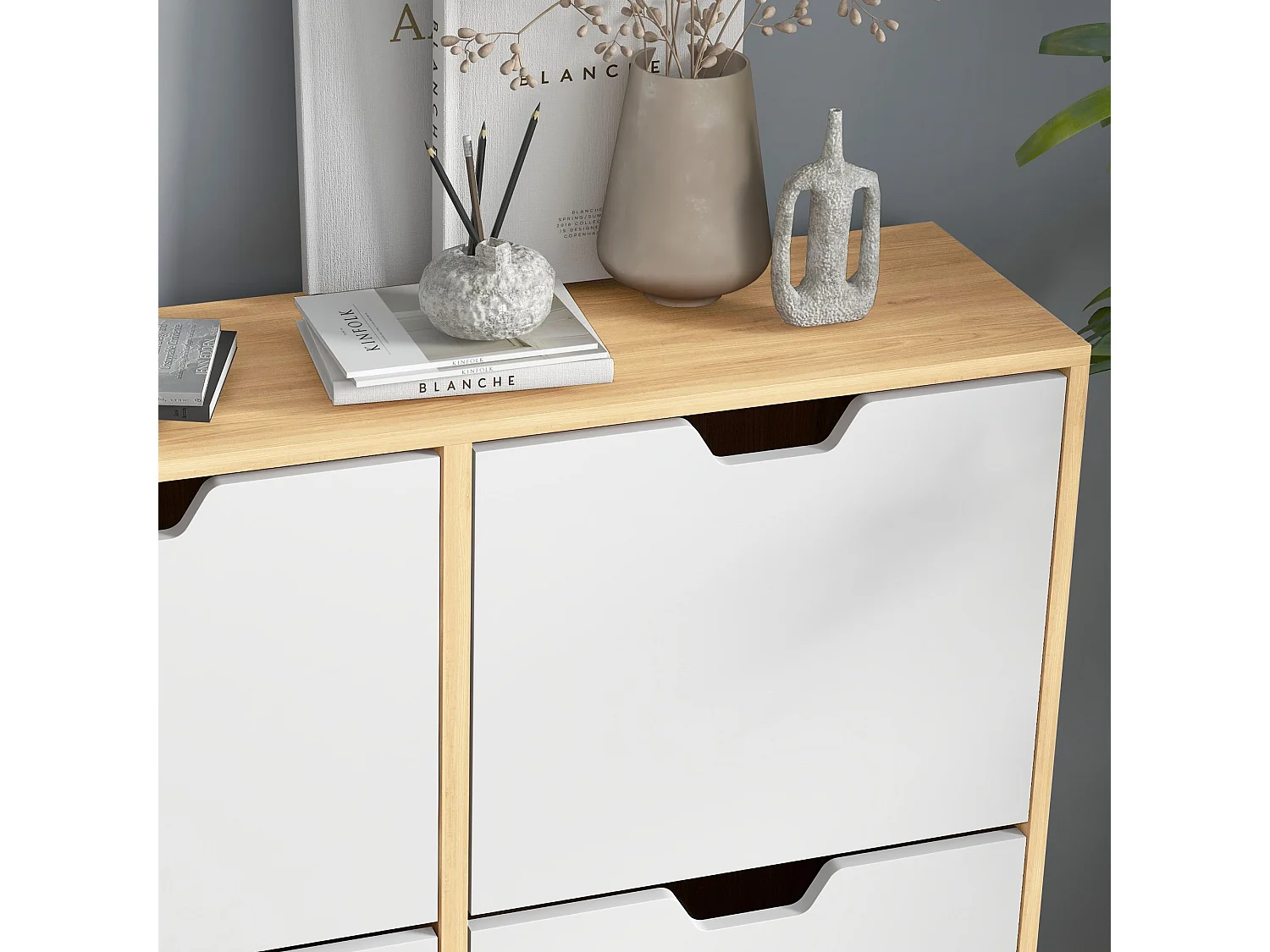 Margarita 4 Flip Drawer Shoe Cabinet Natural Wood Effect and White 95x26x95cm