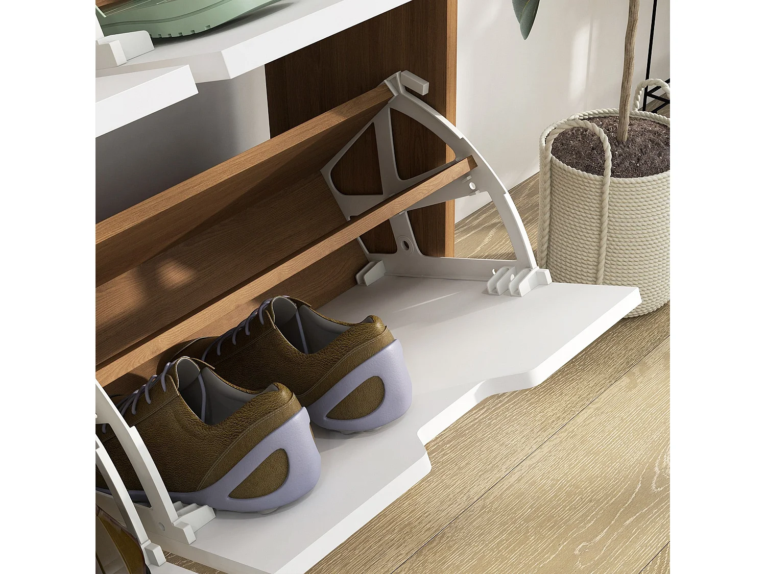 Margarita 4 Flip Drawer Shoe Cabinet Natural Wood Effect and White 95x26x95cm