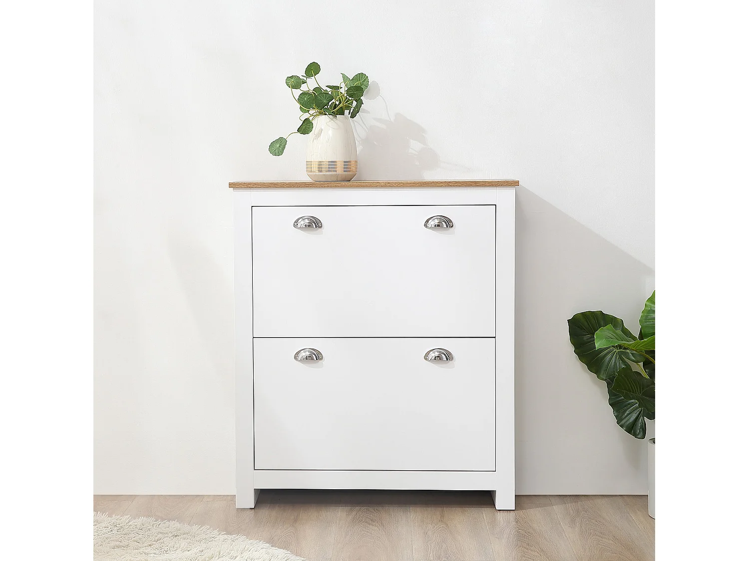 Neneka Slim White and Natural Shoe Cabinet 2 Flip Drawers for 12 Pairs