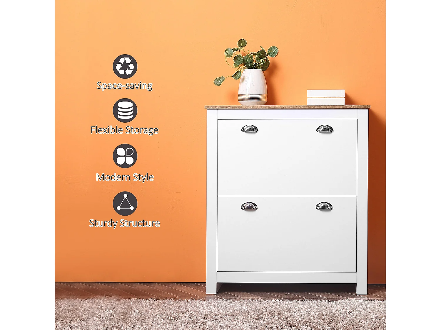Neneka Slim White and Natural Shoe Cabinet 2 Flip Drawers for 12 Pairs