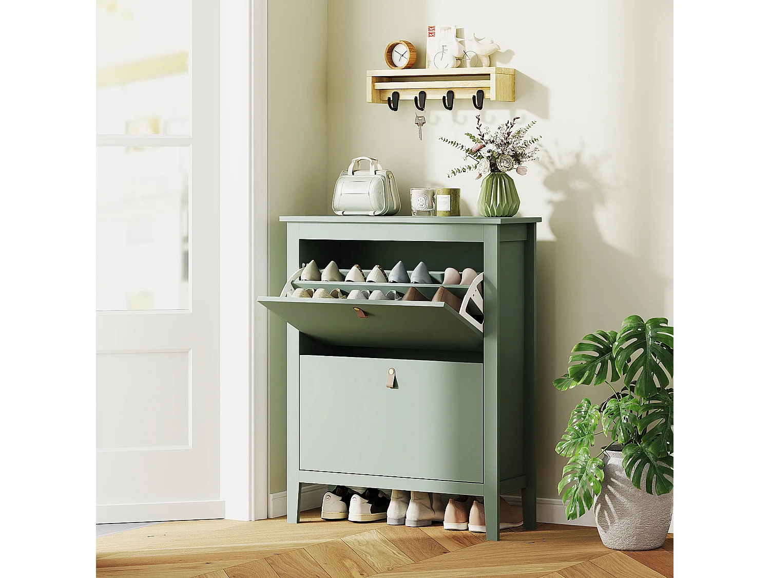 Sela 2 Drawer Mint Green Shoe Cabinet Slim Modern Design with Faux Leather Handles