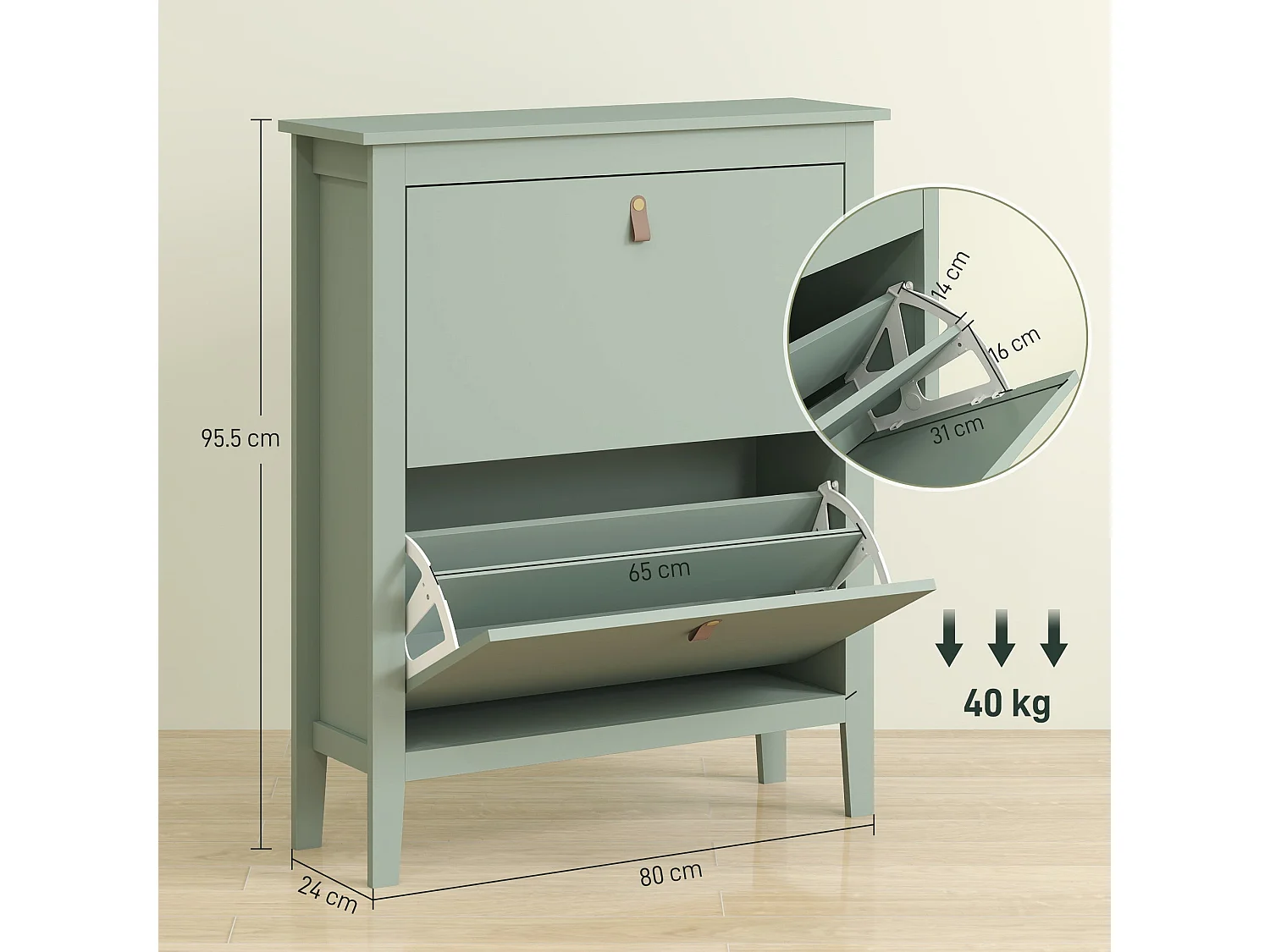 Sela 2 Drawer Mint Green Shoe Cabinet Slim Modern Design with Faux Leather Handles