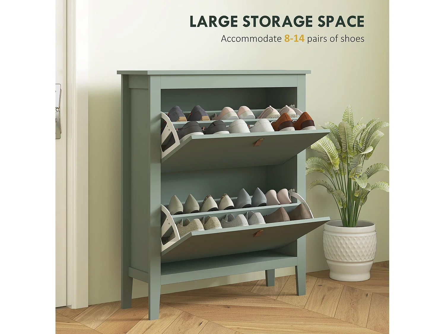 Sela 2 Drawer Mint Green Shoe Cabinet Slim Modern Design with Faux Leather Handles