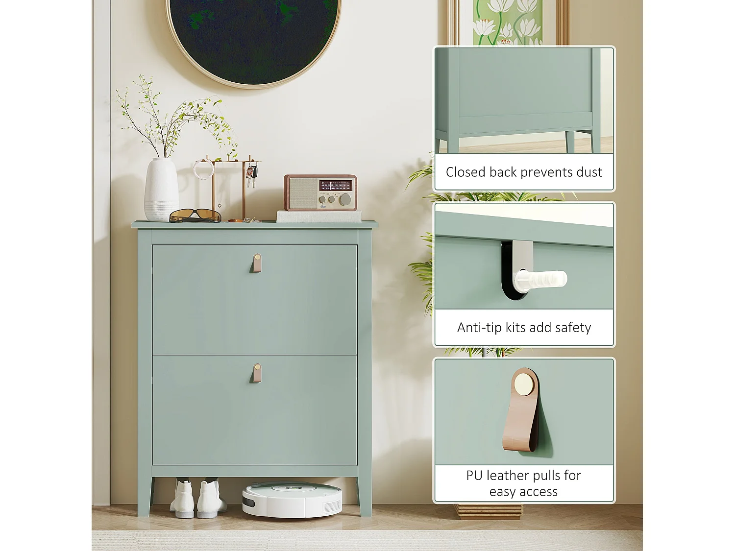 Sela 2 Drawer Mint Green Shoe Cabinet Slim Modern Design with Faux Leather Handles