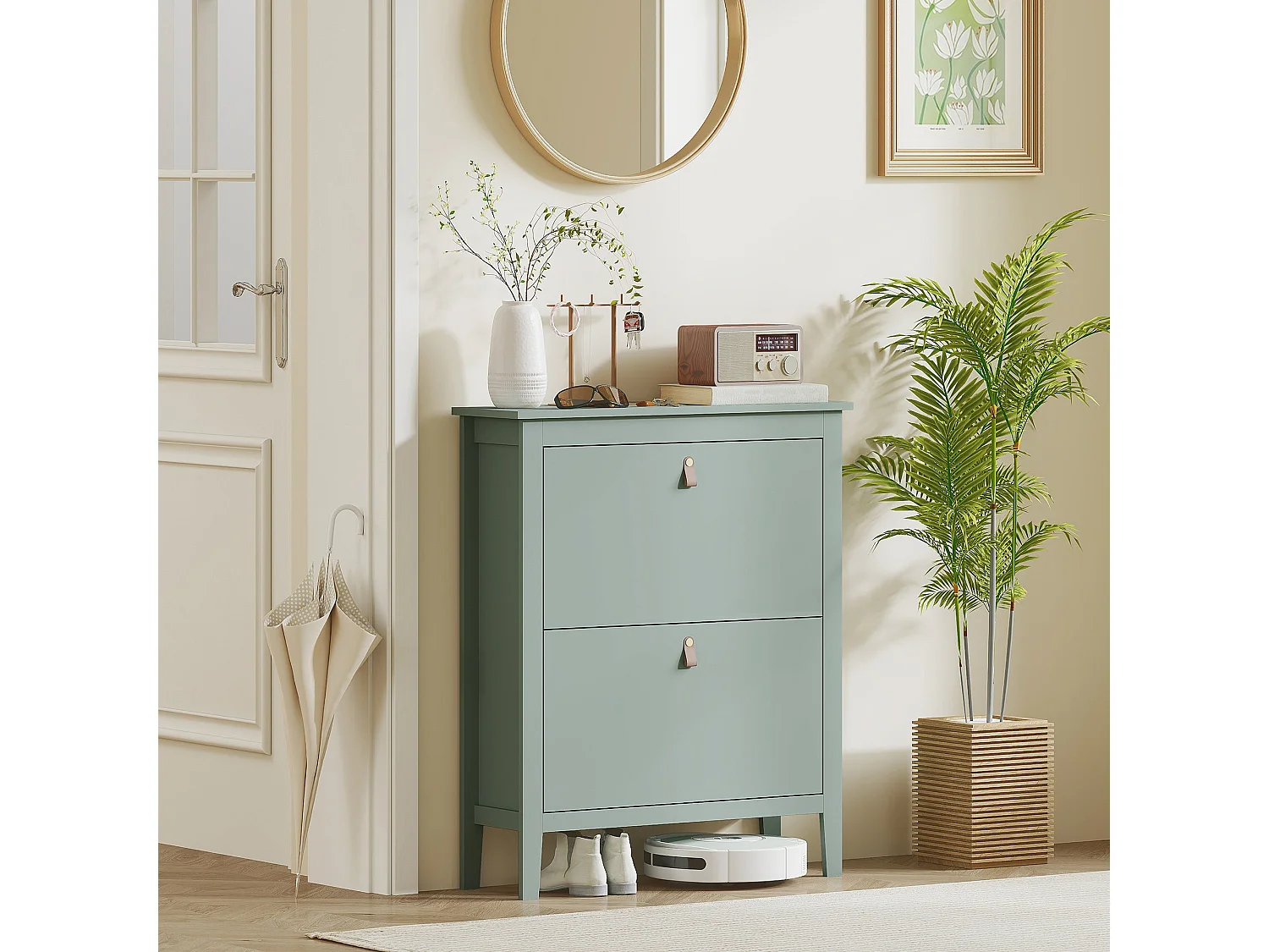 Sela 2 Drawer Mint Green Shoe Cabinet Slim Modern Design with Faux Leather Handles