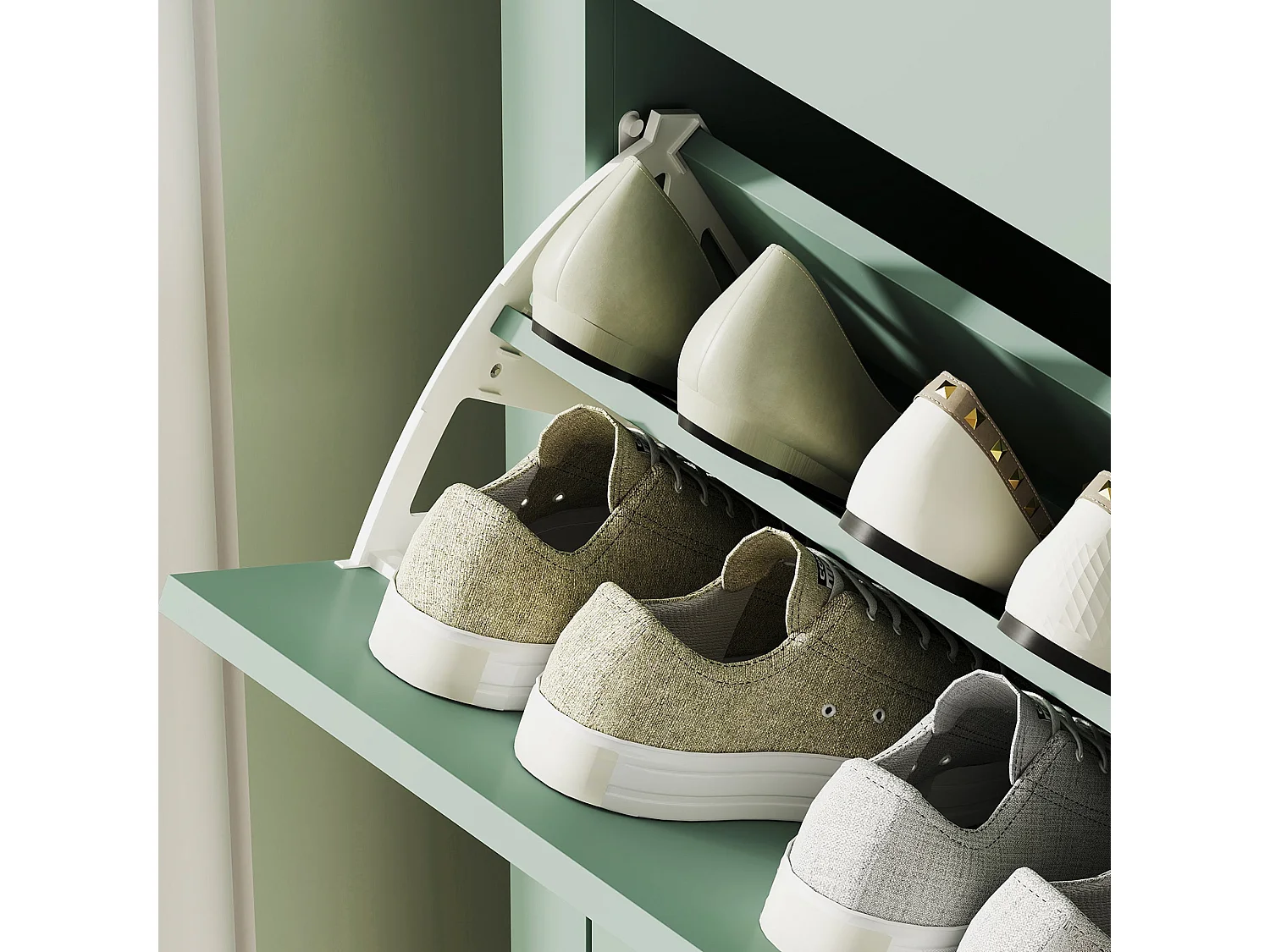 Sela 2 Drawer Mint Green Shoe Cabinet Slim Modern Design with Faux Leather Handles