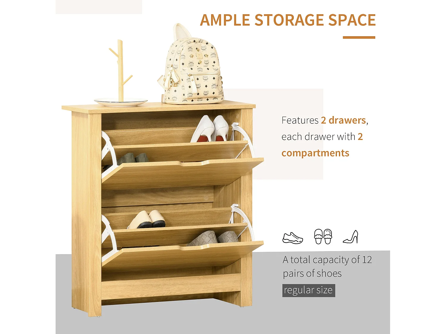 Sato Rilu Slim Shoe Cabinet Natural Wood Effect 2 Flip Drawers Stores up to 12 Pairs