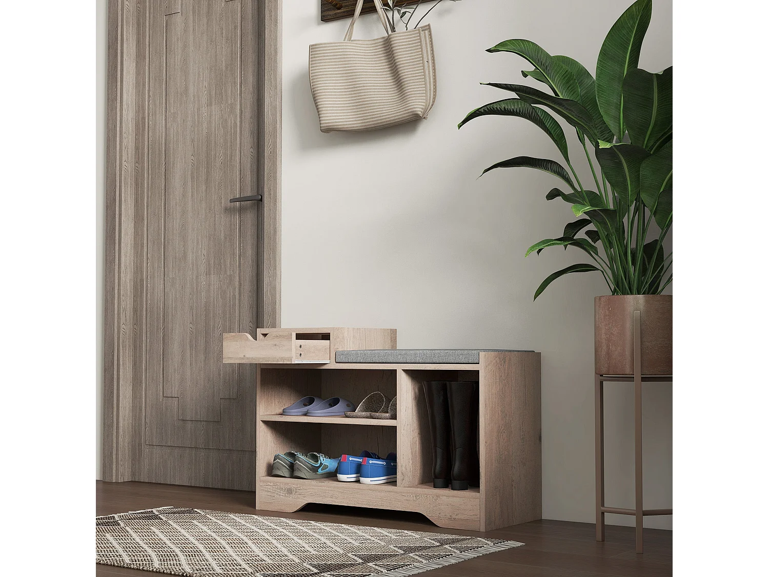 Lapa Shoe Bench with Cushion 1 Drawer Distressed Grey