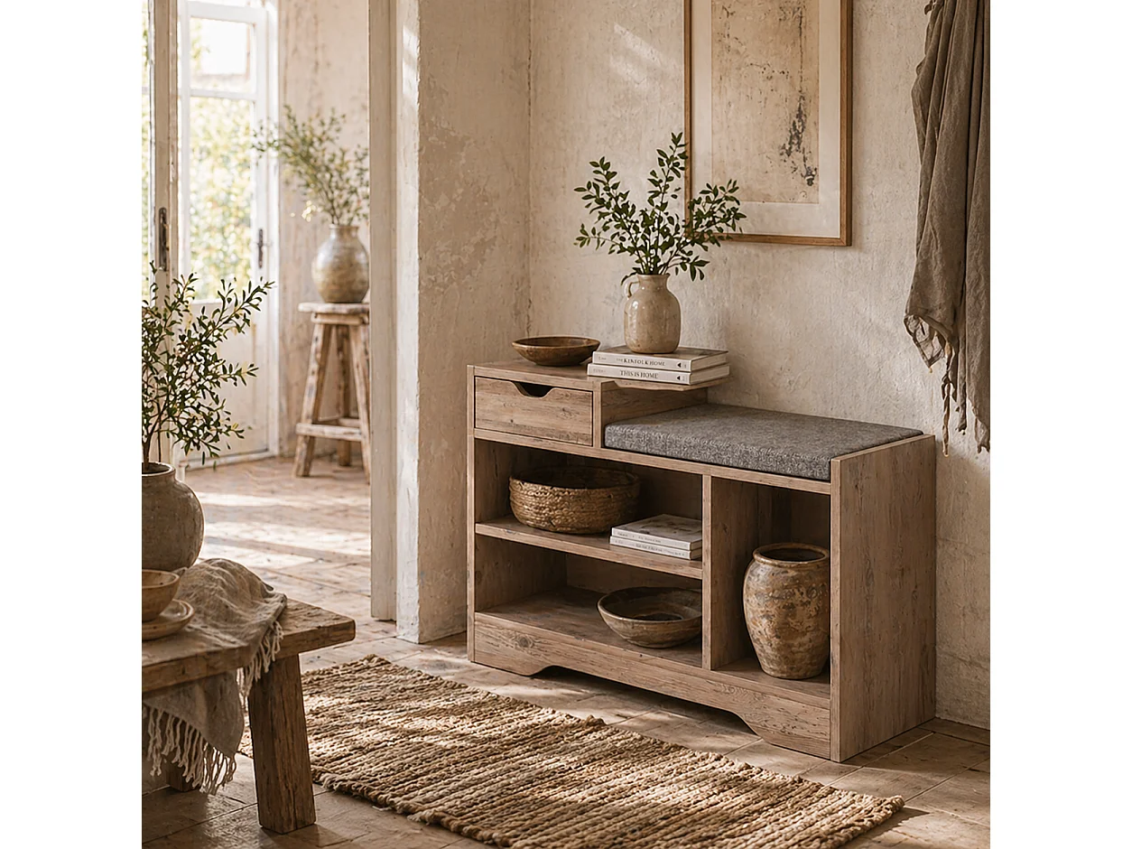 Lapa Shoe Bench with Cushion 1 Drawer Distressed Grey