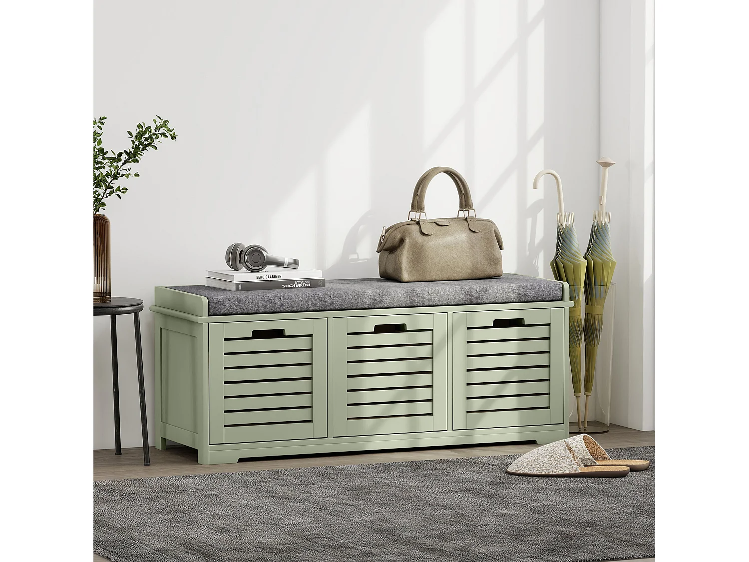 Dilena Wooden Green 3 Drawer Shoe Bench with Grey Padded Seat