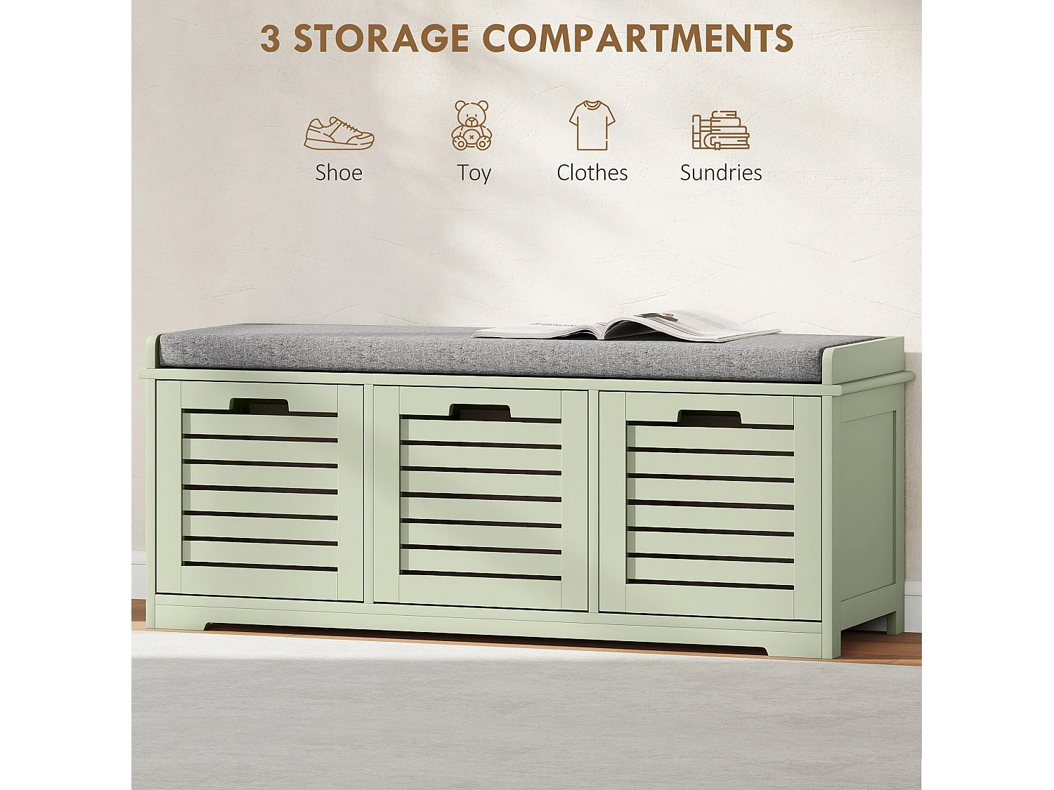 Dilena Wooden Green 3 Drawer Shoe Bench with Grey Padded Seat