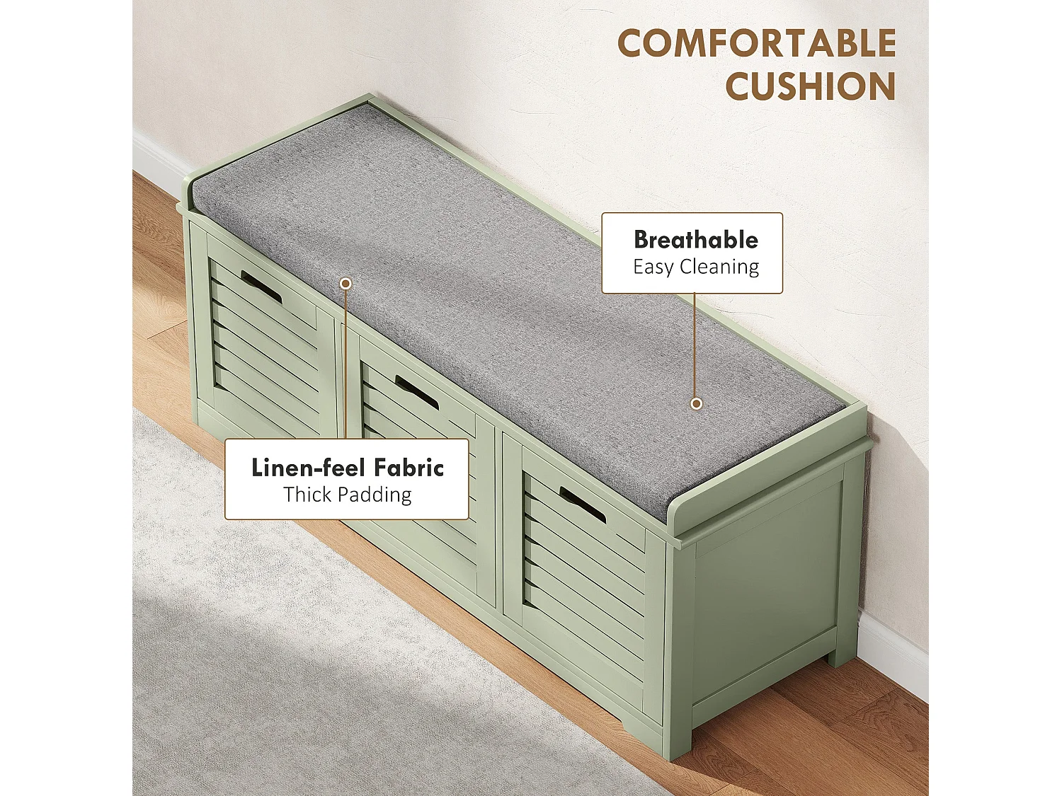 Dilena Wooden Green 3 Drawer Shoe Bench with Grey Padded Seat