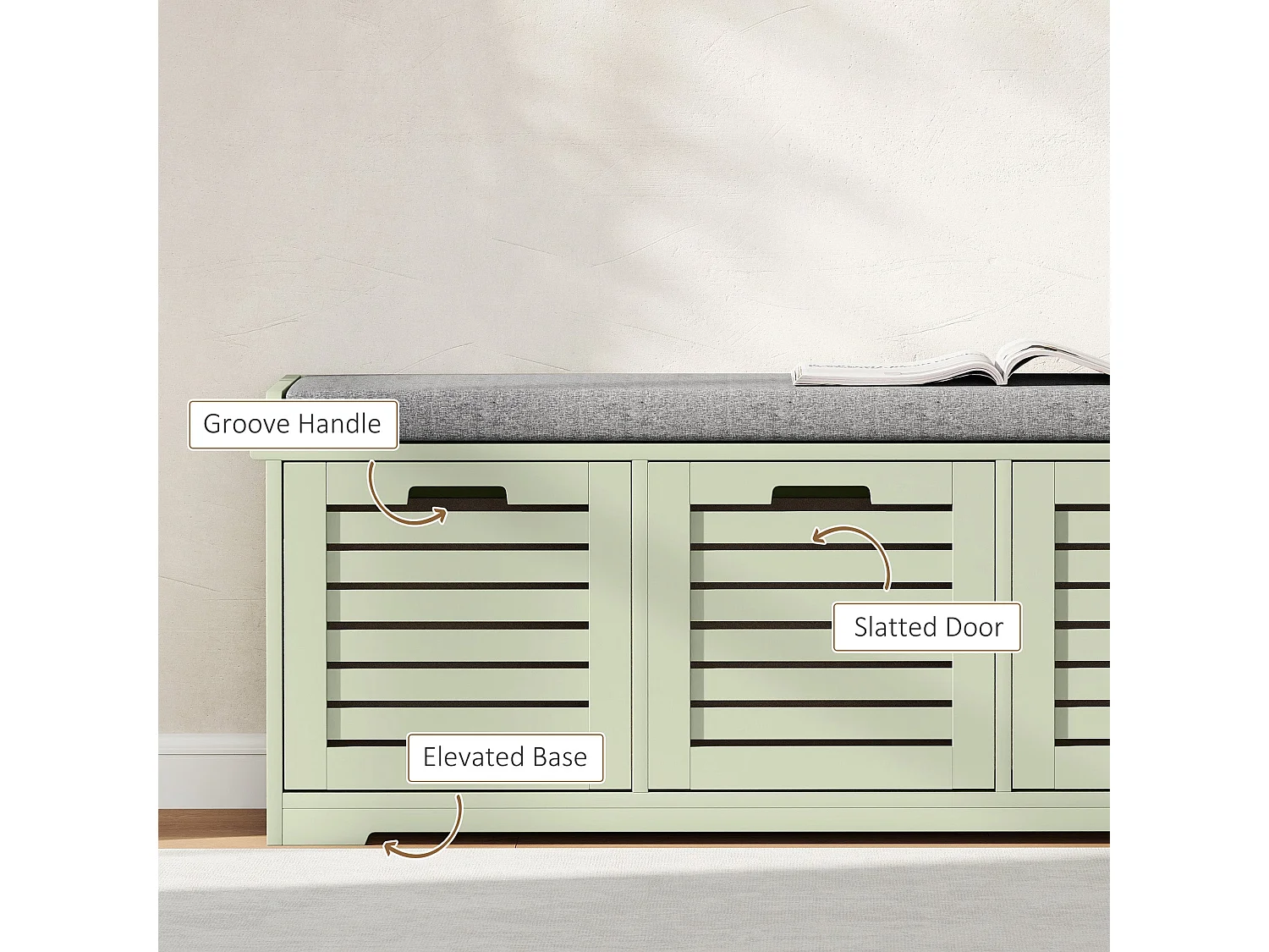 Dilena Wooden Green 3 Drawer Shoe Bench with Grey Padded Seat