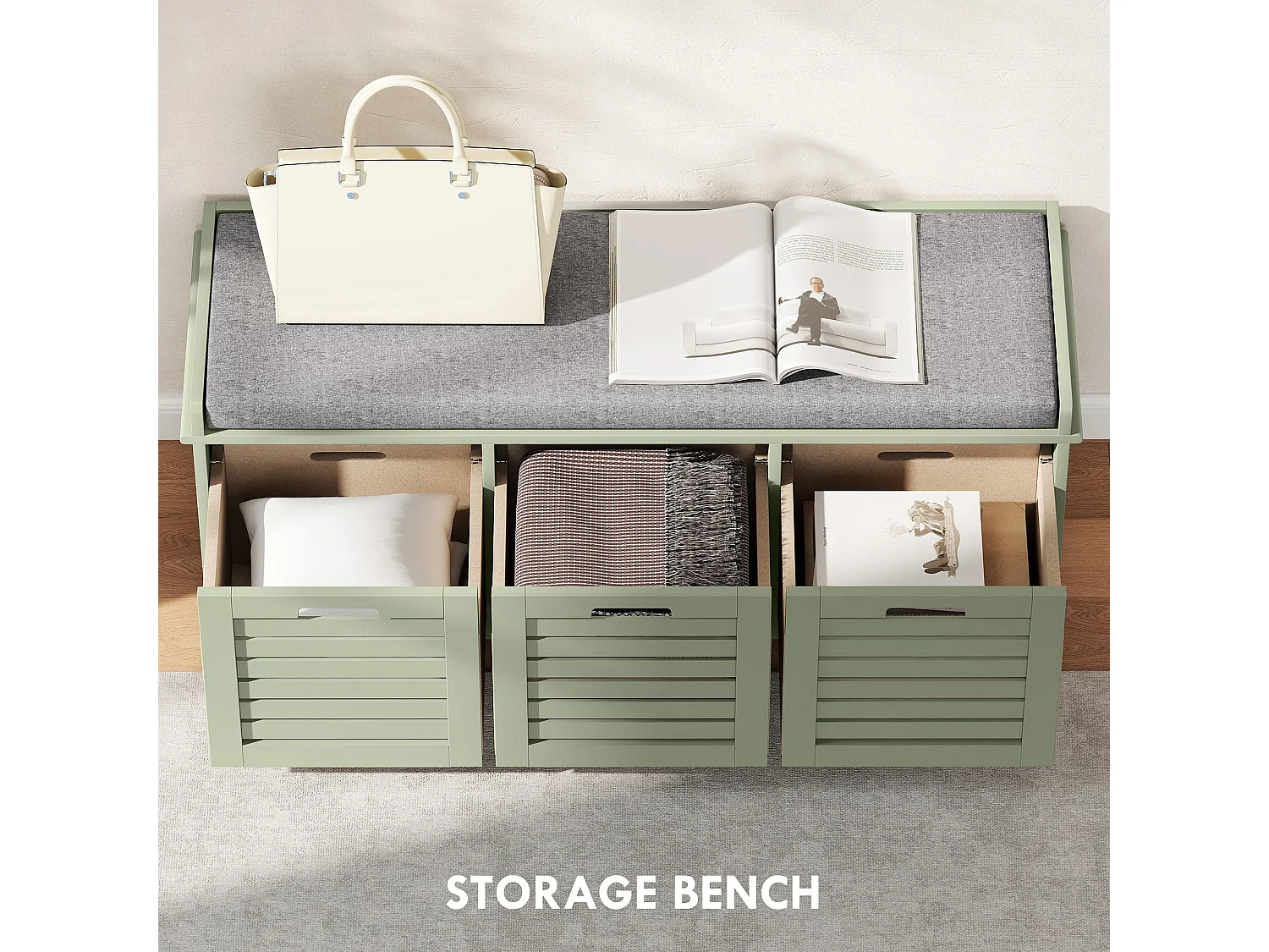 Dilena Wooden Green 3 Drawer Shoe Bench with Grey Padded Seat