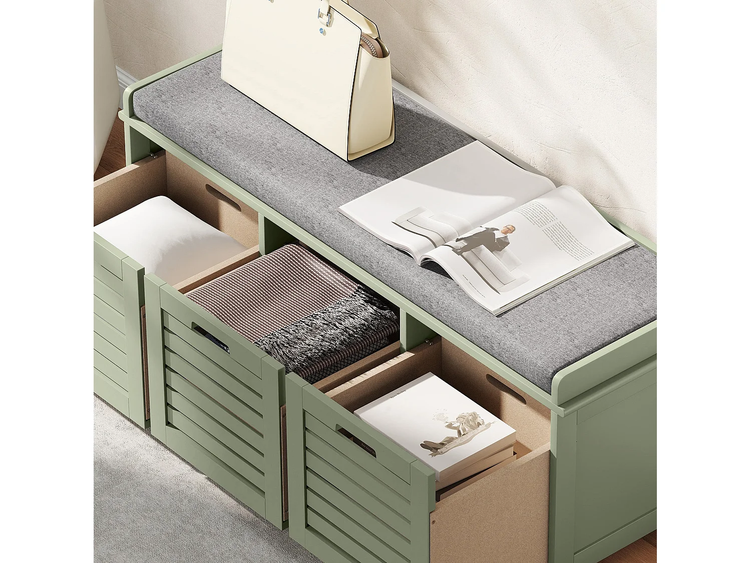 Dilena Wooden Green 3 Drawer Shoe Bench with Grey Padded Seat