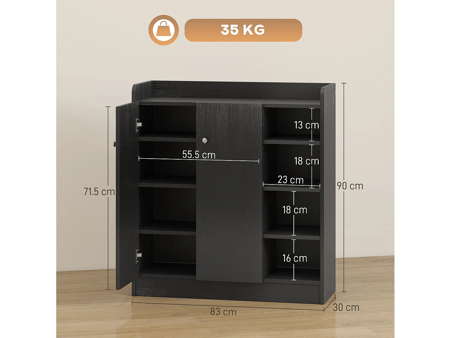 Rala Black Shoe Cupboard 2 Doors 9 Adjustable Shelves