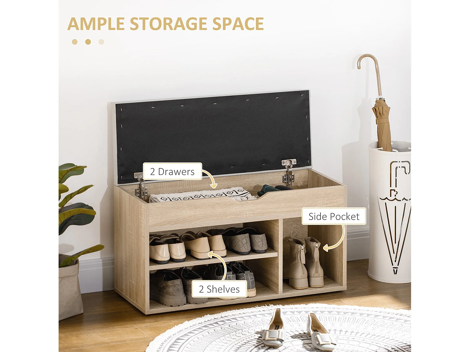 Sonala Oak Tone Shoe Storage Bench with Hidden Compartment and Padded Seat