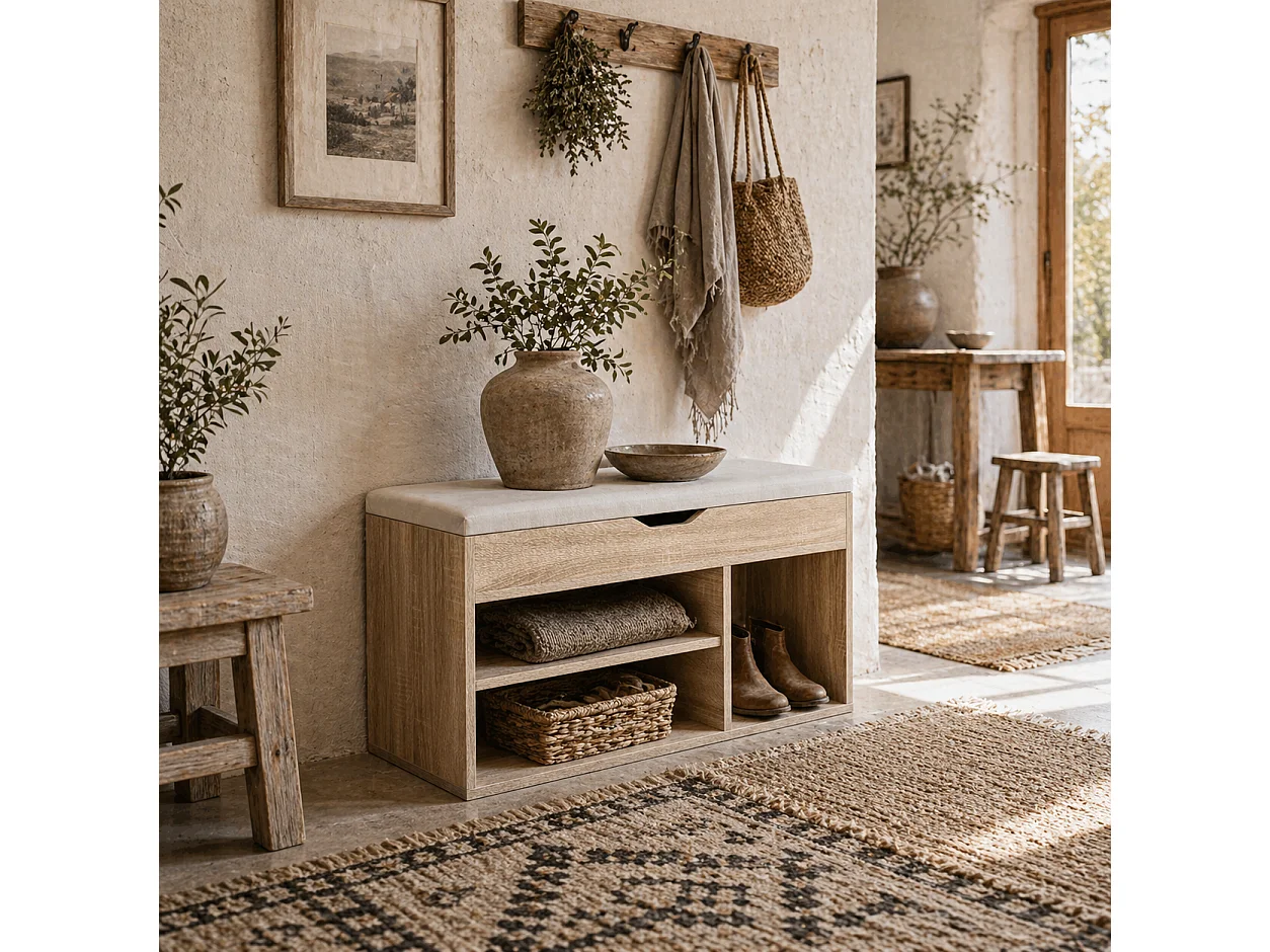 Sonala Oak Tone Shoe Storage Bench with Hidden Compartment and Padded Seat