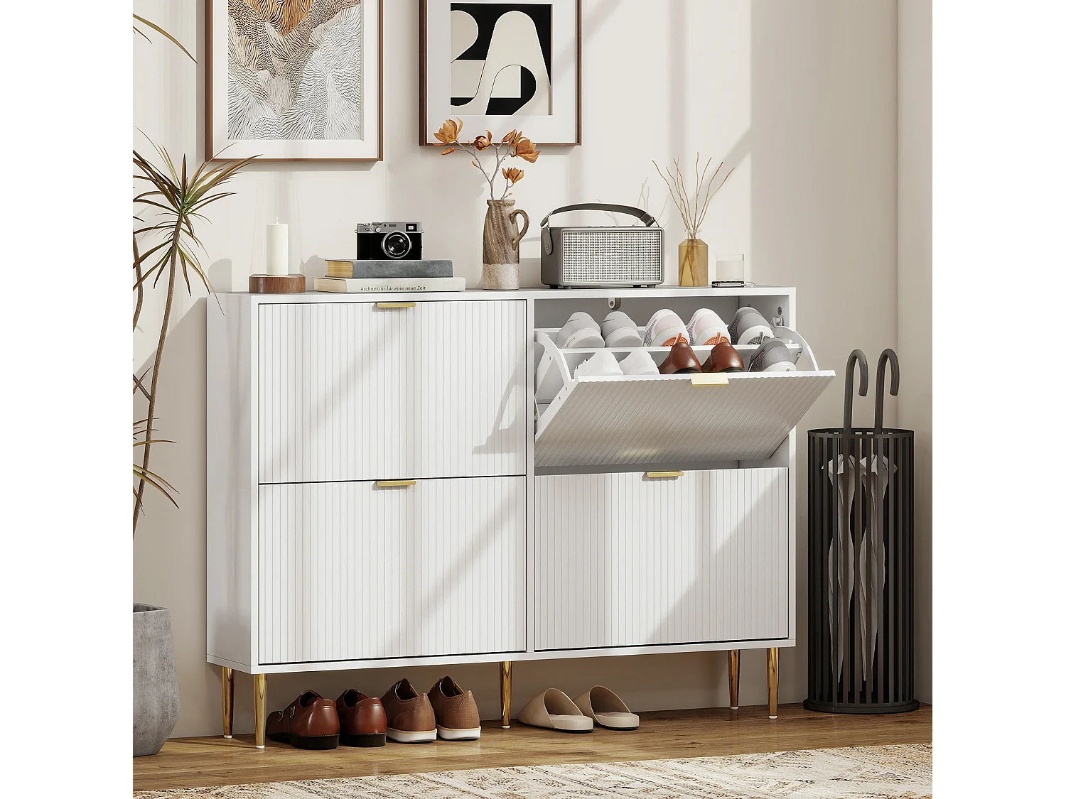 Rokake White Ribbed 4 Drawer Shoe Cabinet Slim Modern Storage