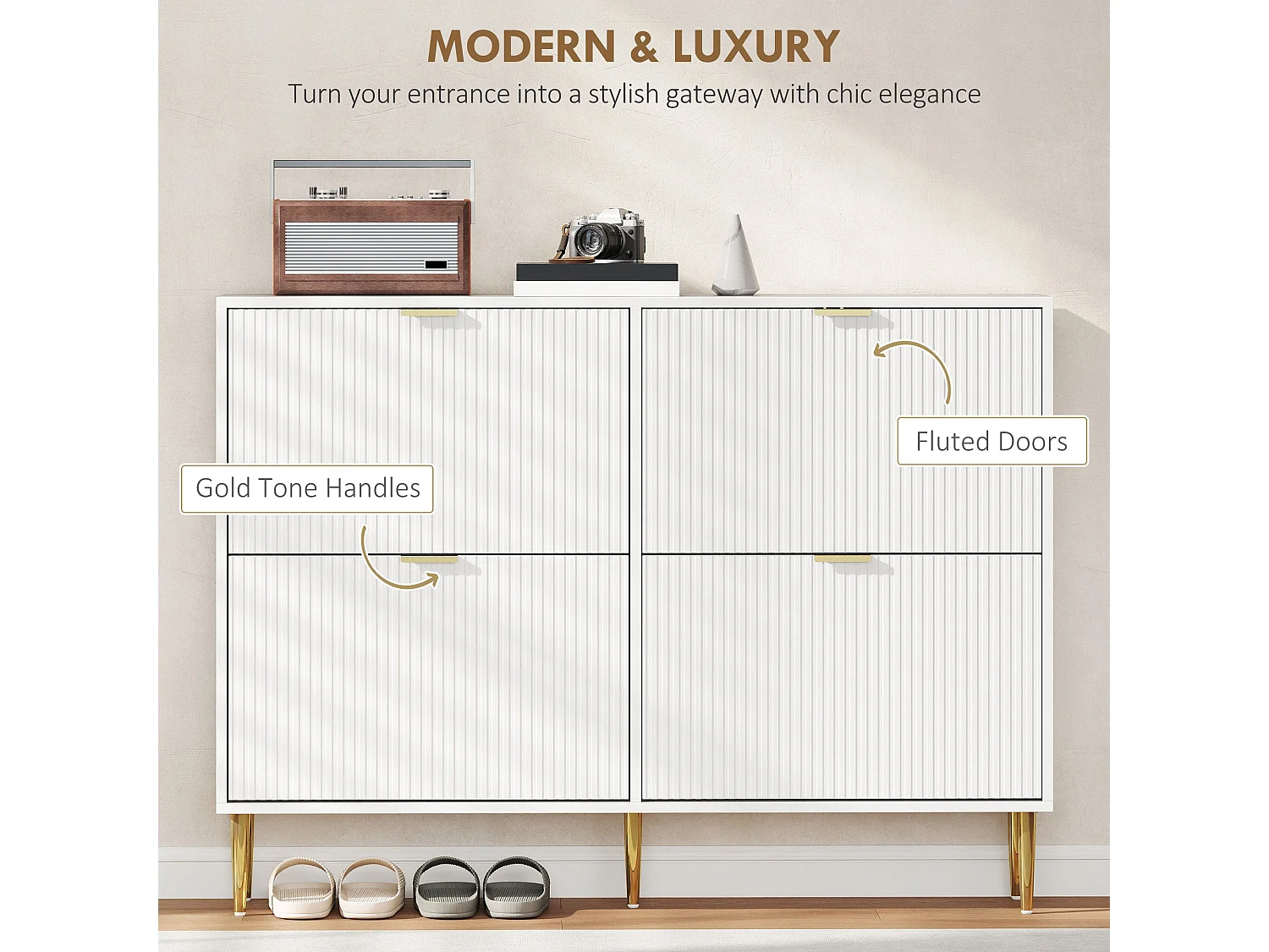 Rokake White Ribbed 4 Drawer Shoe Cabinet Slim Modern Storage