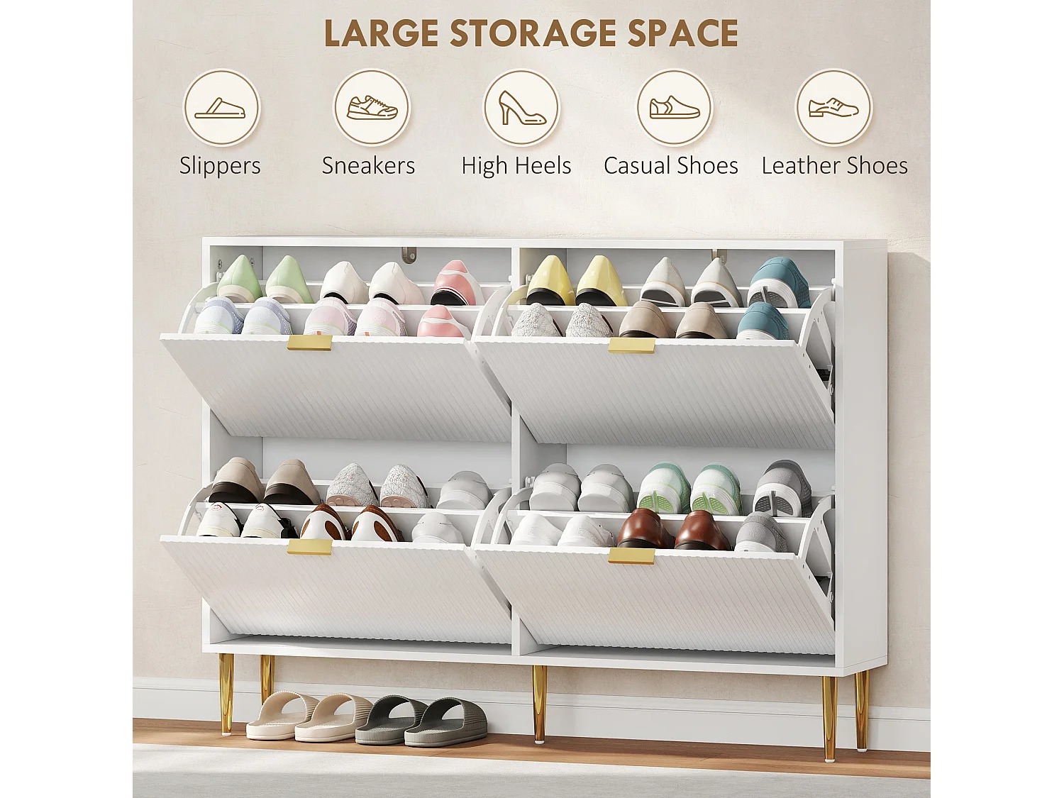 Rokake White Ribbed 4 Drawer Shoe Cabinet Slim Modern Storage