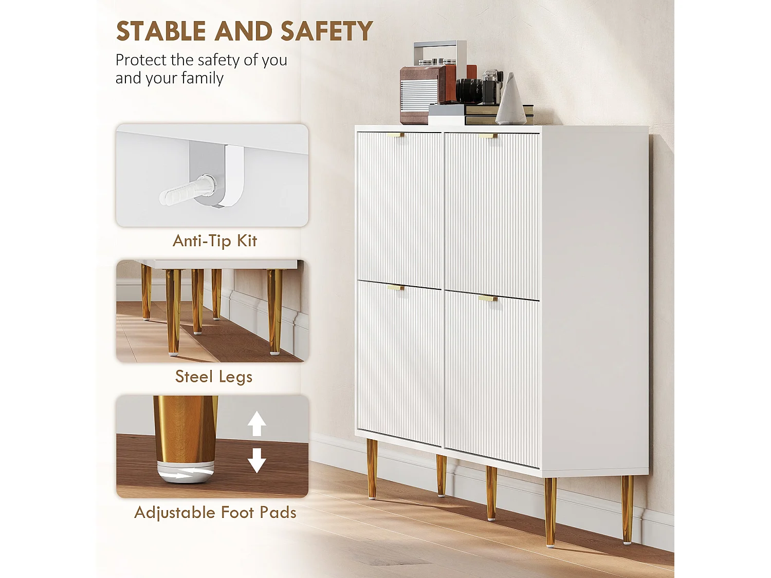 Rokake White Ribbed 4 Drawer Shoe Cabinet Slim Modern Storage