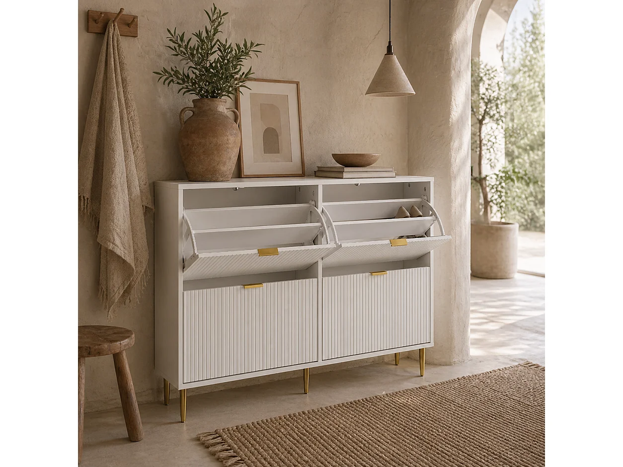 Rokake White Ribbed 4 Drawer Shoe Cabinet Slim Modern Storage