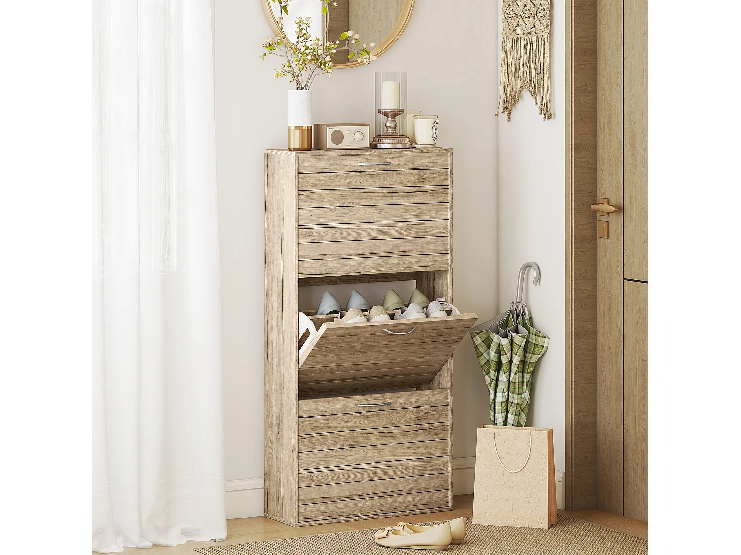 Covara Brown Wood Effect Shoe Cabinet 12 Pair Flip Down Storage