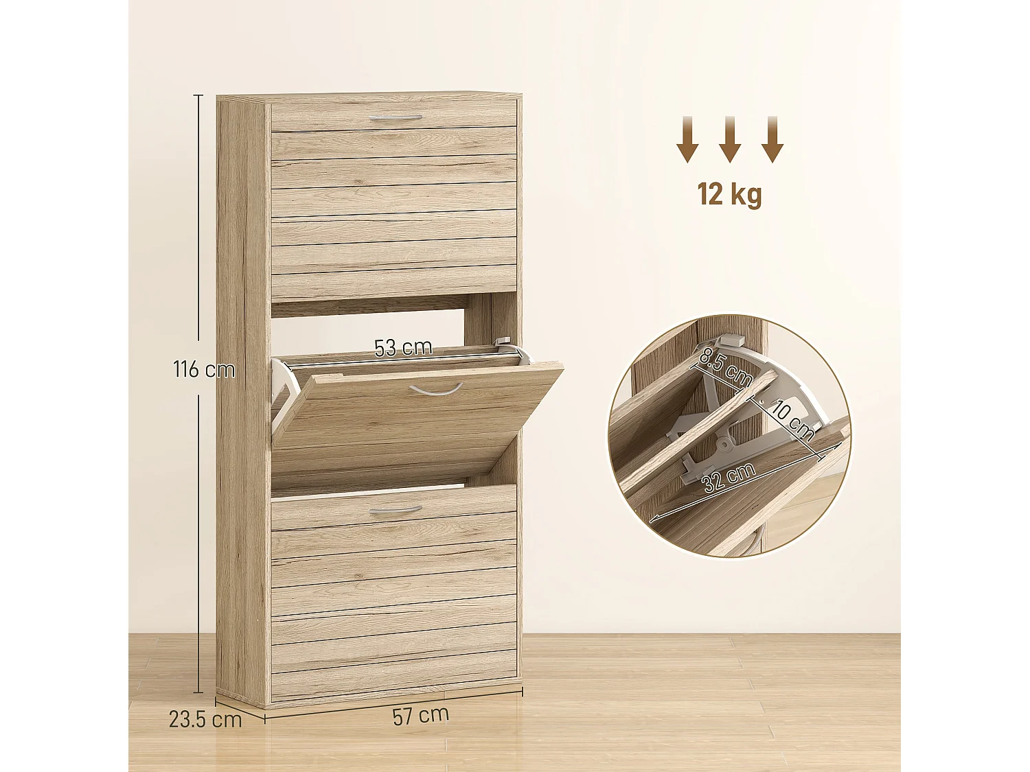 Covara Brown Wood Effect Shoe Cabinet 12 Pair Flip Down Storage