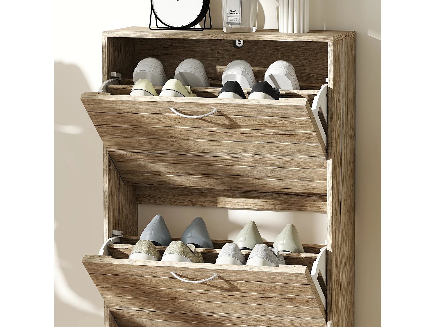 Covara Brown Wood Effect Shoe Cabinet 12 Pair Flip Down Storage