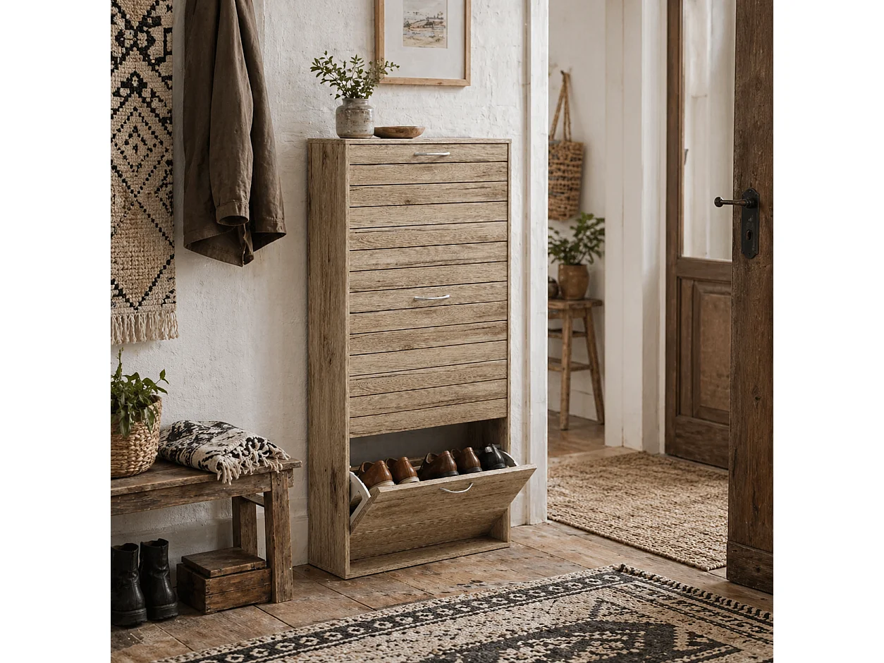 Covara Brown Wood Effect Shoe Cabinet 12 Pair Flip Down Storage