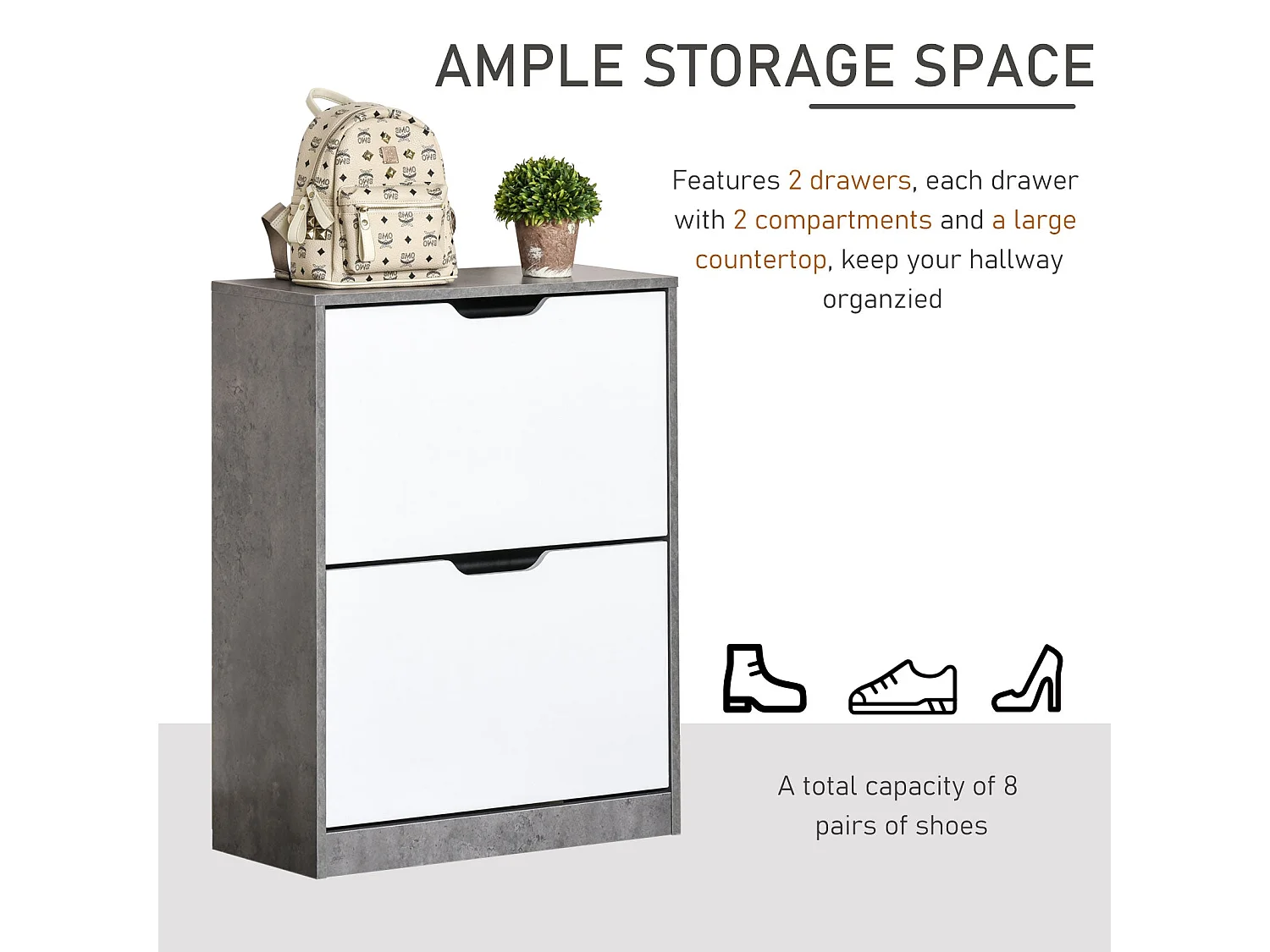 Lohase 2 Drawer Shoe Cabinet Grey and White 62.5 x 26 x 81cm