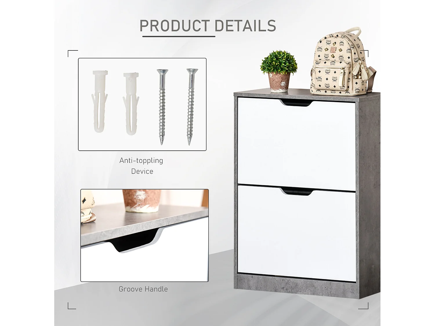 Lohase 2 Drawer Shoe Cabinet Grey and White 62.5 x 26 x 81cm