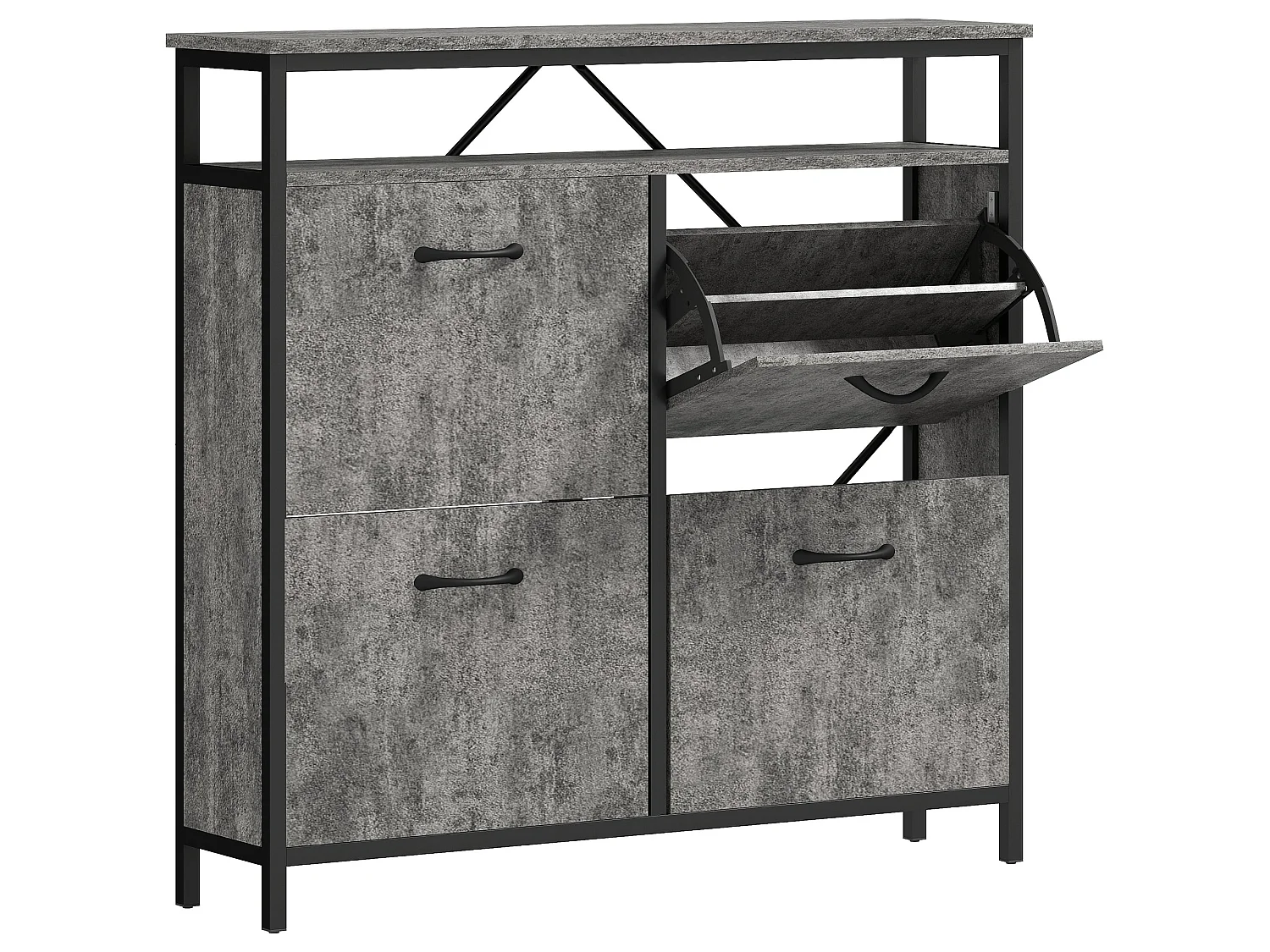 Verala Cement Grey Shoe Cabinet with 4 Flip Drawers and Open Top Shelf