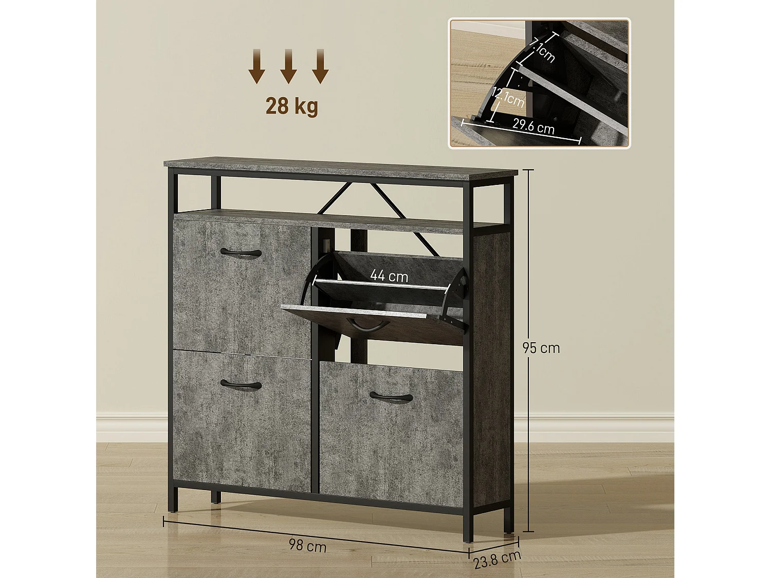 Verala Cement Grey Shoe Cabinet with 4 Flip Drawers and Open Top Shelf