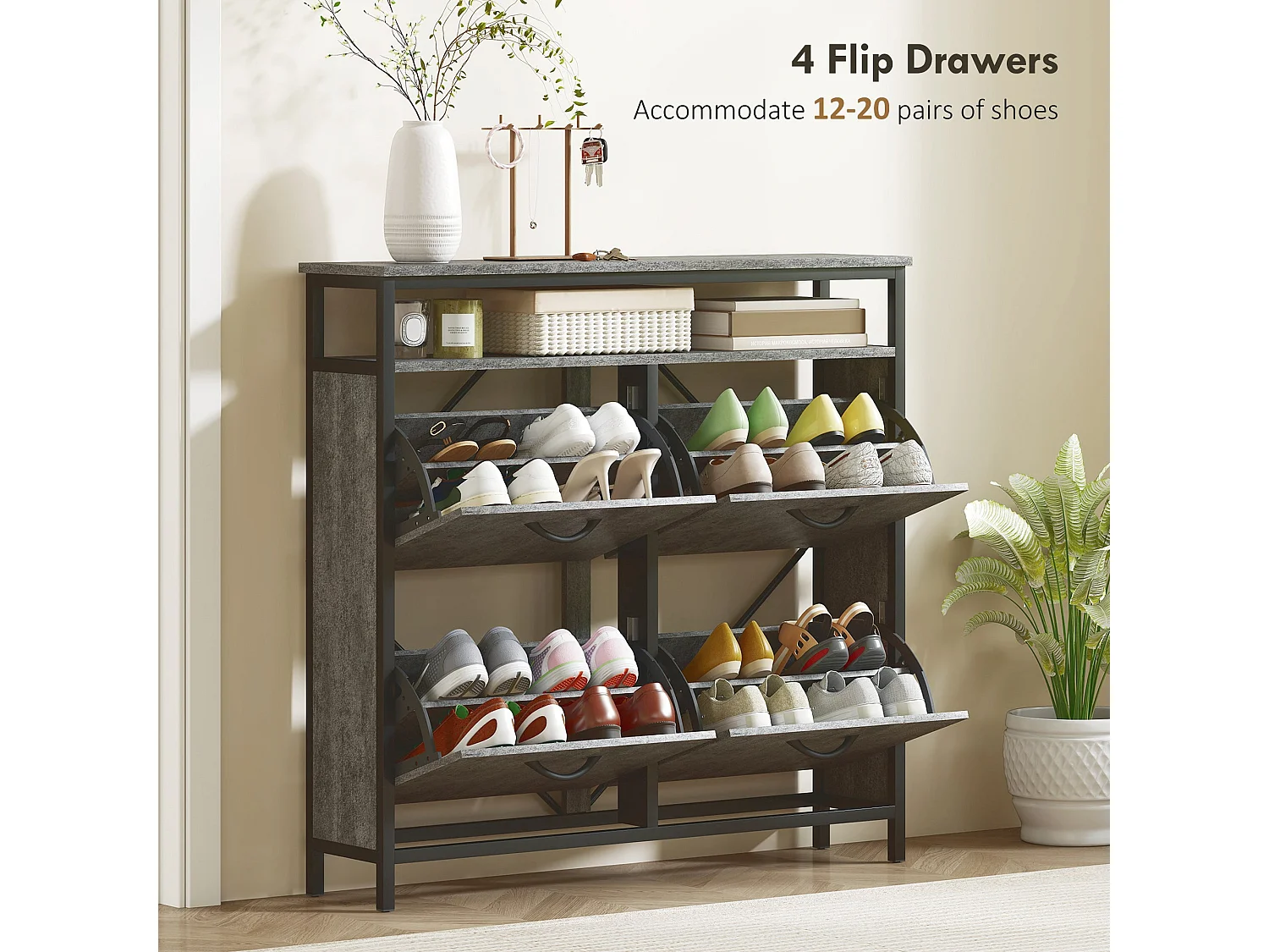 Verala Cement Grey Shoe Cabinet with 4 Flip Drawers and Open Top Shelf