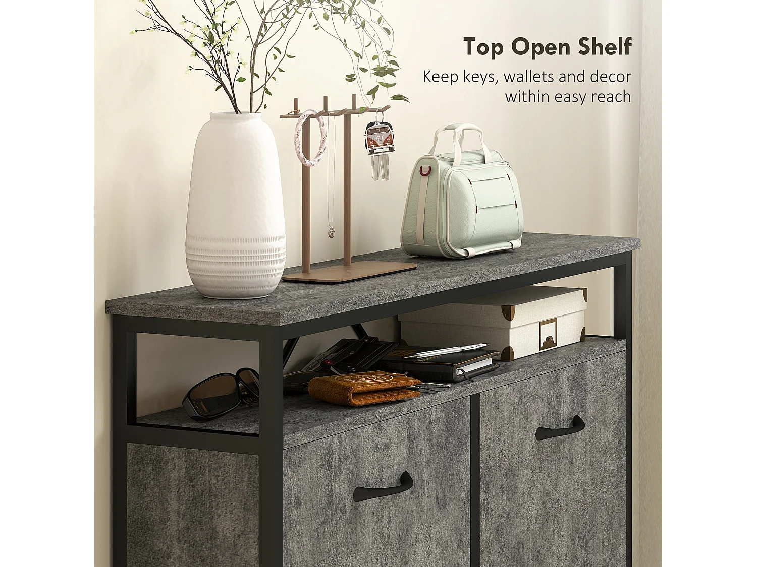 Verala Cement Grey Shoe Cabinet with 4 Flip Drawers and Open Top Shelf